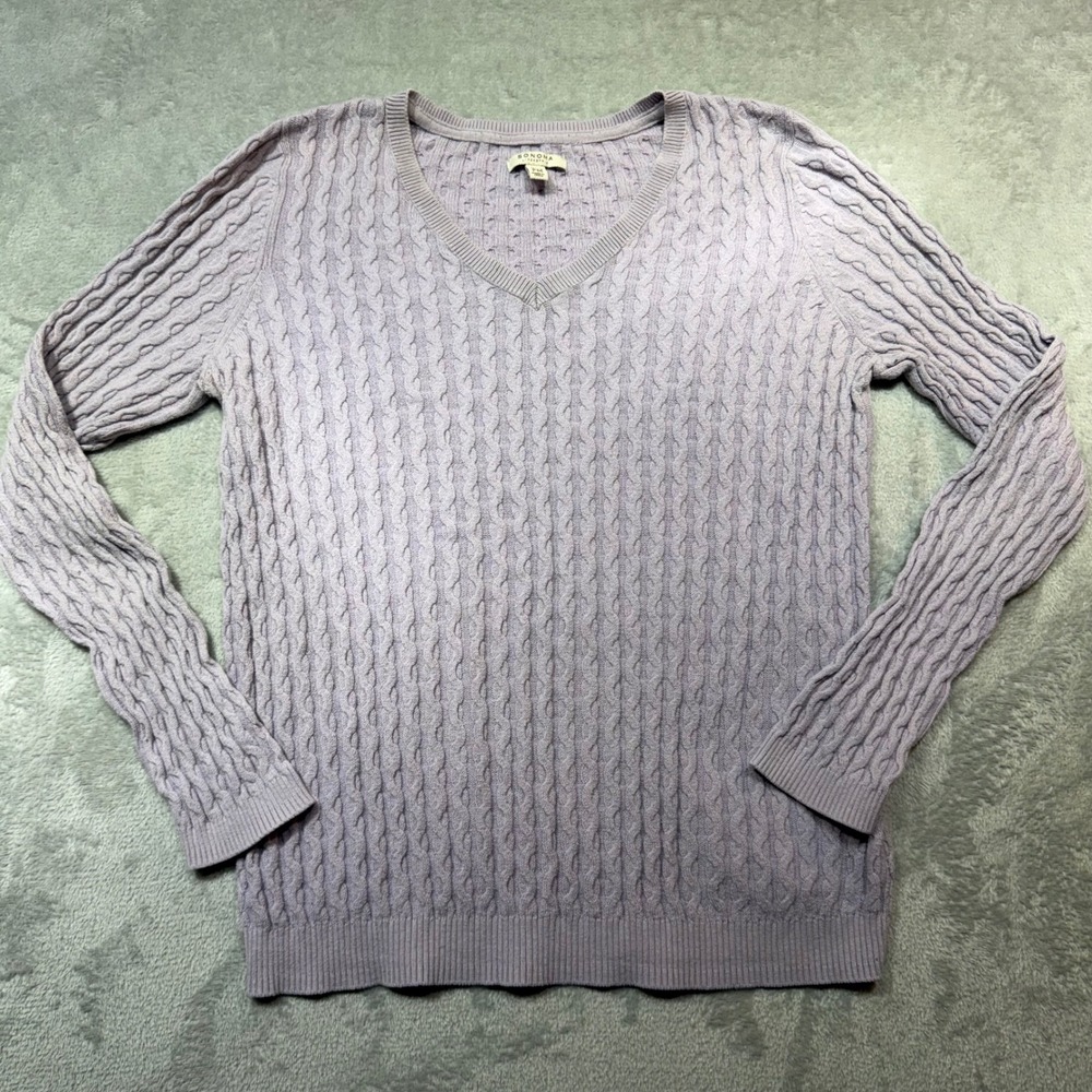 Sonoma Lavender Cable Knit V-Neck Sweater Petite Medium PM Lavender Cotton Blend